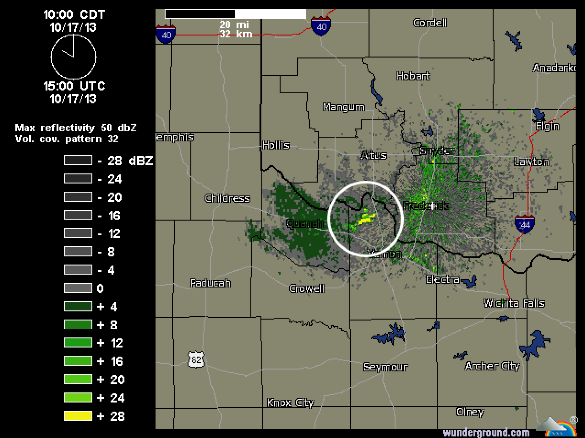 A NEXRAD weather station near Frederick, Okla., interprets a wind farm near Vernon, Texas, as a storm cell.